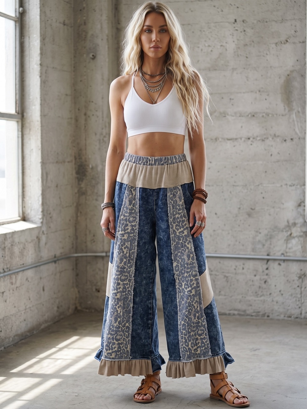 NWT POL French Terry Patchwork Leopard Print Ruffle Hem Wide Leg Pants - Picture 4 of 6